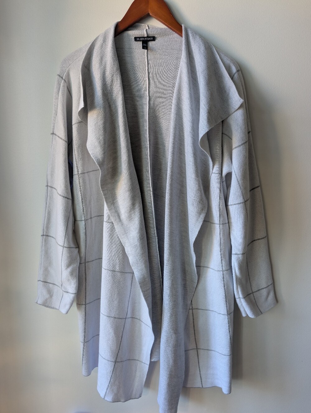 Eileen Fisher Light Gray Open-Front Draped Cardigan with Subtle Windowpane